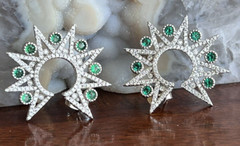 Vtg Sterling Star Point Statement Earrings, Emerald Green & Clear CZ Settings
