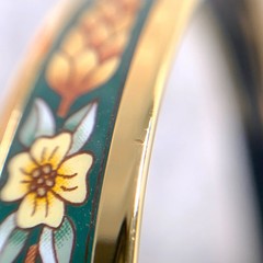 Vintage Hermes Enamel Bangle Bracelet Green Enamel Hibiscus Gold Rim 65 w/Case