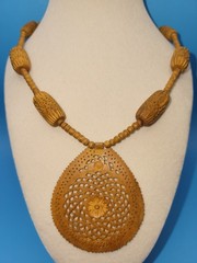 Fine Carved Large Wood Teardrop Pendant on Wood & Metal Bead Necklace