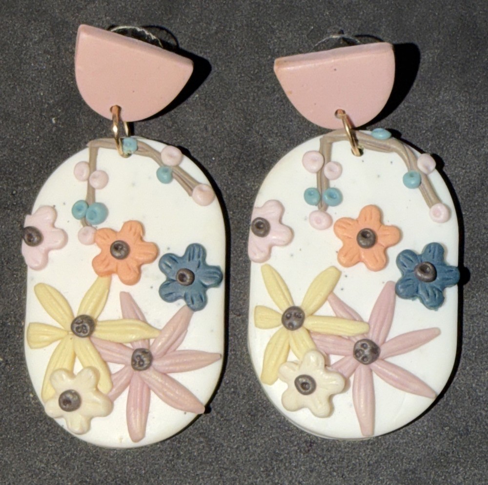 Bohemian Handmade Polymer Clay Earrings 3D Floral Design White Backing Vtg