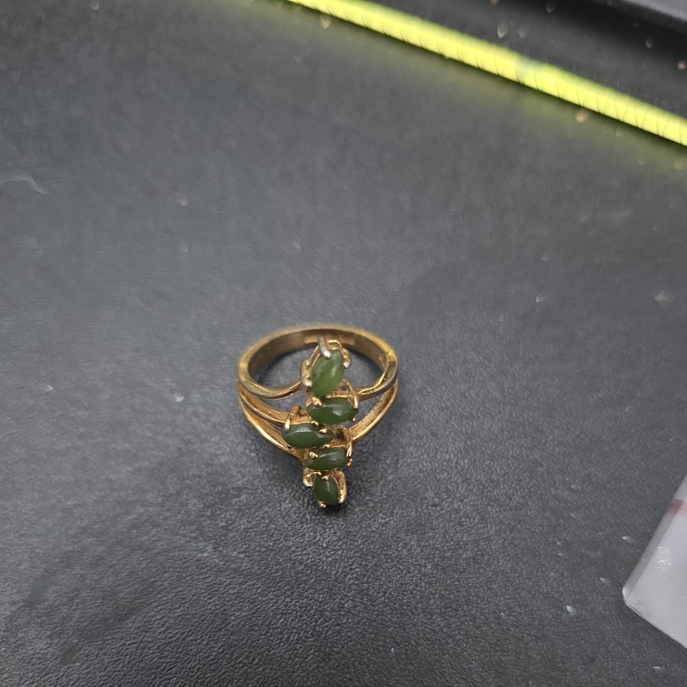 Vintage 18K HGE Genuine Nephrite Jade Ring 5 Stone Green Openwork Statement Sz10