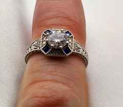Vintage BBJ Sterling 1.00ct Round Crystal 4 Blue Sapphire Art Deco ring Sz9 4gr
