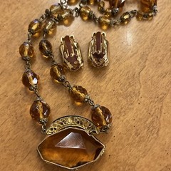 Vintage Czech Large Topaz Amber Faceted Crystal Bead Necklace Clip Earrings Set