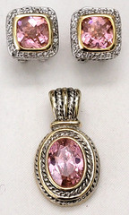 Vintage Crystal CZ Pink Topaz Gold & Silver Tone Detail Earrings & Pendant Set