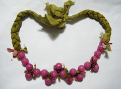 Unique Vintage Handmade Faceted Fuchsia Quartz & Avocado Braided Silk Necklace