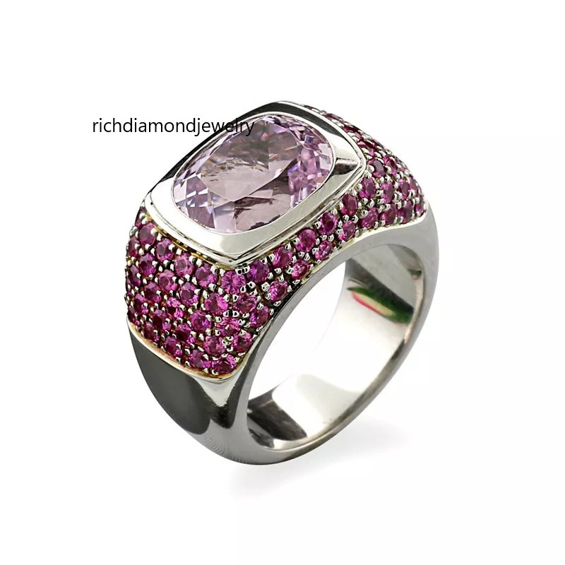 Bezel Set Aqua Pink Cushion Shape 6.36ct Kunzit & 2.46CT Pink Sapphire Fine Ring