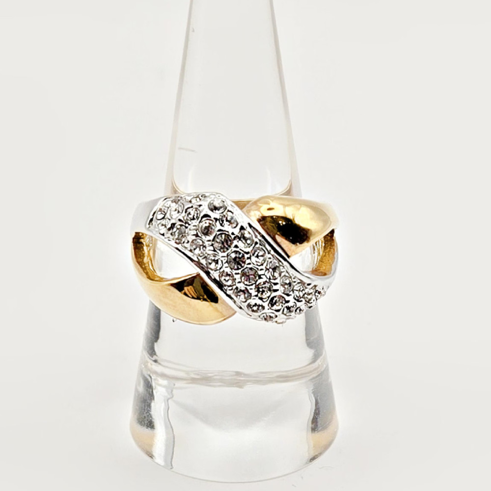 Vintage Gold Plated CZ X Cocktail Ring Size 8 Two Tone Statement Ring