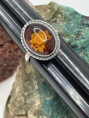 925 Sterling Silver Carved Rose Baltic Amber RING Size 7.25 Estate Vintage