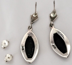 Vintage Black Onyx Marcasite 925 Sterling Silver Marquise Shape Dangle Earrings