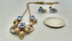 Vintage MCM Van Dell Gold Filled Blue Rectangle Crystal Necklace & Earrings Set