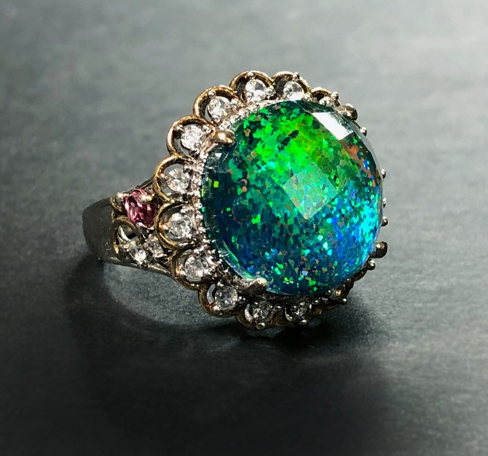 UNIQUE! Estate Australian Black Fire Opal & Crystal Quartz Triplet Sterling Ring