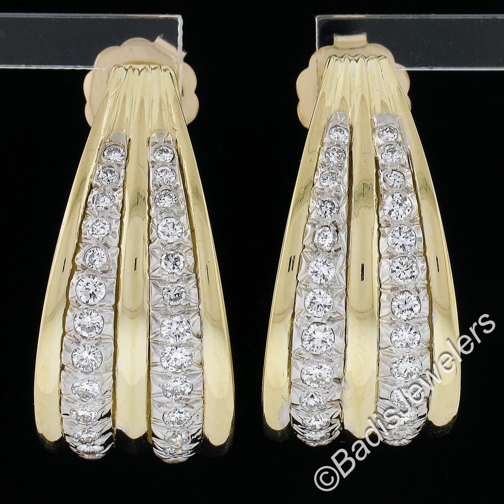 Two Tone Gold 1.35ctw Pave Set Round Diamond Large Grooved Cuff Earrings