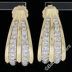 Two Tone Gold 1.35ctw Pave Set Round Diamond Large Grooved Cuff Earrings