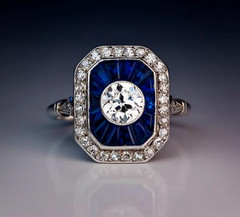Art Deco Style Round Lab Created Diamond & Sapphire 14K Gold FN Engagement Ring