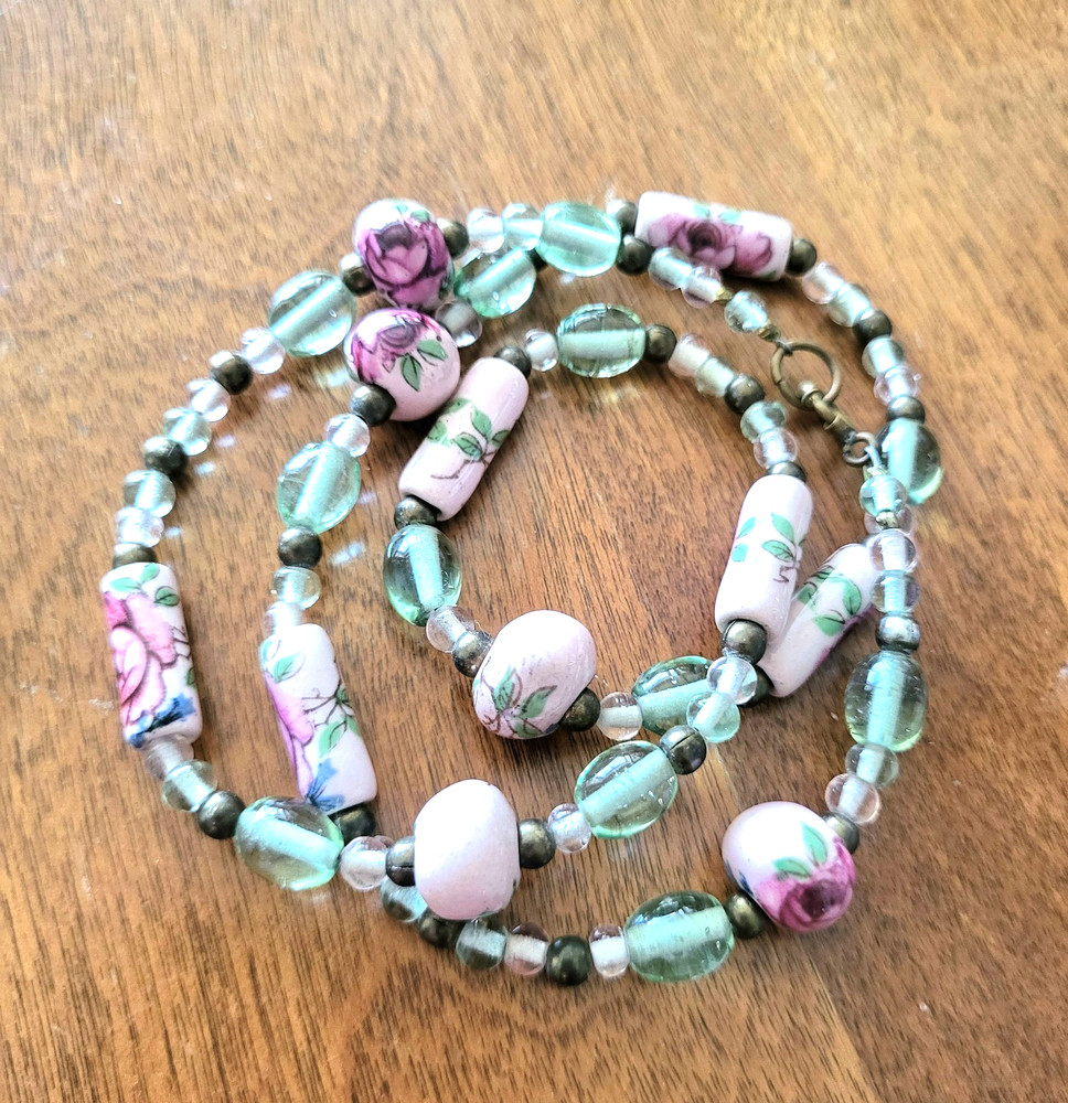 Vintage Cottagecore Sea Green Glass, Brass and Pink Porcelain Rose Bead Necklace