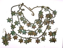 VTG Metal Star Necklace and Earrings Set Dangle Fringe Green & Copper 1980s