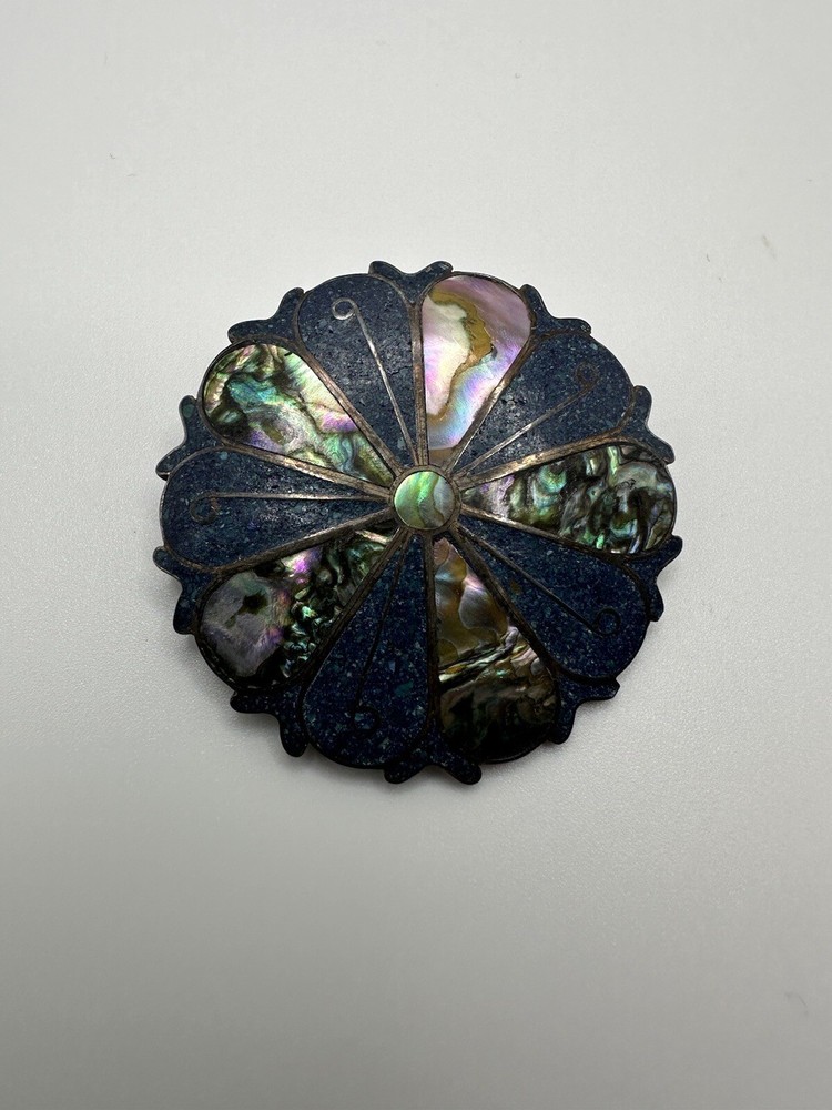 Vintage Sterling Silver Abalone Inlay Flower Brooch 4.5cm Signed HDA BB6