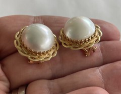 15.5mm Mabe Pearl 14K Yellow Gold Omega Back Estate Earrings 9.6 Grams