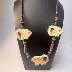 Vintage Necklace Lot Eclectic Kid Core Chunky Wood Beads Sheep Pink