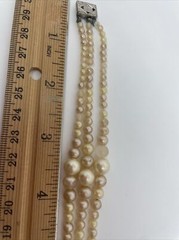 Vintage Triple Strand Faux Pearl Bracelet 6.5” Jewelry Silver Clasp Latch Japan