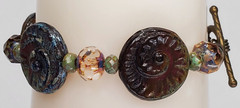 VTG Colorful Glass Beads Brass Toggle Bracelet Boho Art Glass Ammonite Fossils