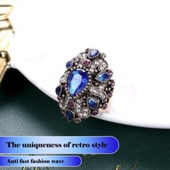 Vintage sapphire wide ring resin crystal ring, women’s ring accessories