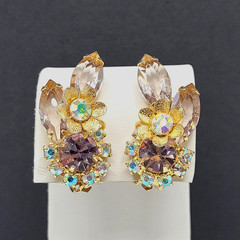 Glamorous AB Crystal Flower Floral Pale Rhinestone Climber Vtg Clip On Earrings