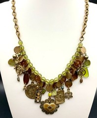 Vintage Dangle Cluster Charm Necklace w/ Olivine Glass Beads Coins Gold Tone