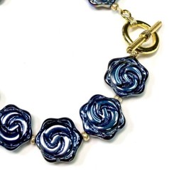 Artisan Toggle Bracelet Molded Glass Flower Black Iridescent Oil Slick AB 8.5 in
