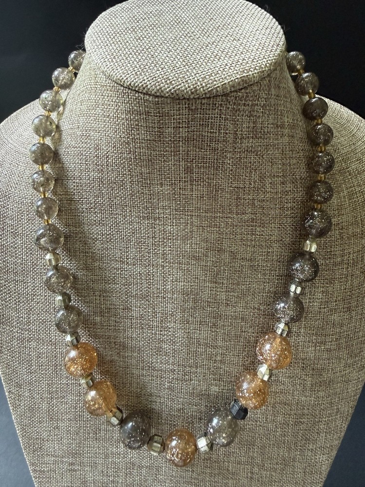 Vintage Acrylic Lucite Glitter Beaded Necklace Smoky Gray Silver Gold Bead 25”