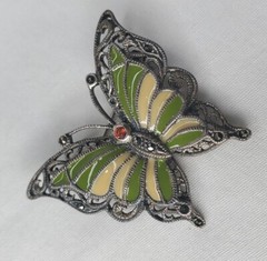 Vintage Sterling Silver Butterfly Brooch Green Yellow Enamel Wings Figural Pin