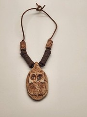 Vintage Stone Hand Carved Owl Pendant Necklace Leather