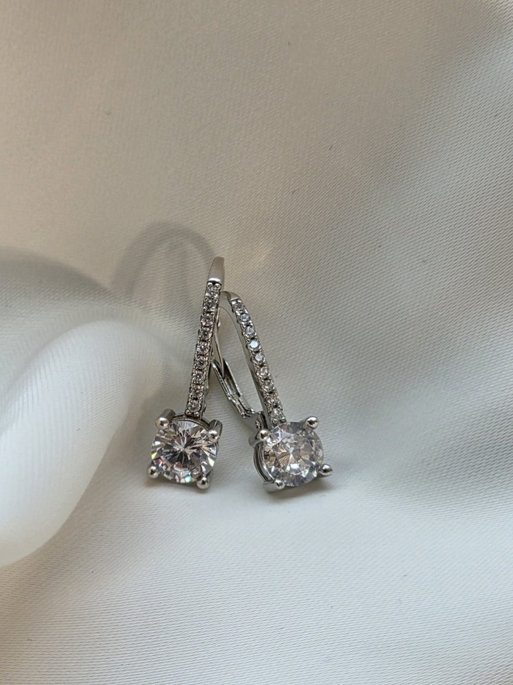 ​JCM Sterling Silver 925 Cubic Zirconia Round Leverback Drop Earrings