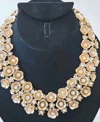 Vintage Statement Runway Collar Necklace Featuring Gold Tone Floral Rhinestones