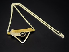 Signed Modernist Mixed Metal 925 Geometric Necklace Onyx Cabochon Pendant 21.1g