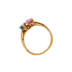 Vintage 14K Yellow Gold Pink Tourmaline Blue Topaz Toi et Moi Bypass Ring Size 7