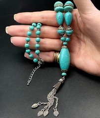 CHINESE TURQUOISE Necklace 70s Tassel Y-Drop 18” Silver Plated Statement #1 EUC