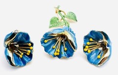 Vintage 1980’s Gold Plated Blue & Yellow Enamel Flower Brooch & Earrings Set