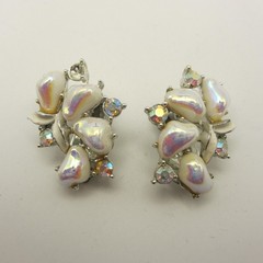Vintage Rhinestone Earrings Iridescent Enamel Silver Tone Clip On ONE MISSING AB
