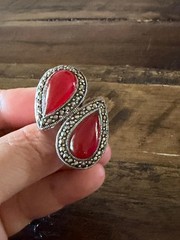Marcasite Sterlling Silver Chunky Double Stone Garnet Ring Size 8