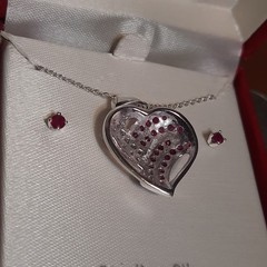 Genuine Ruby Cubic Zirconia Heart Pendant Necklace Earring Set Sterling A57 New