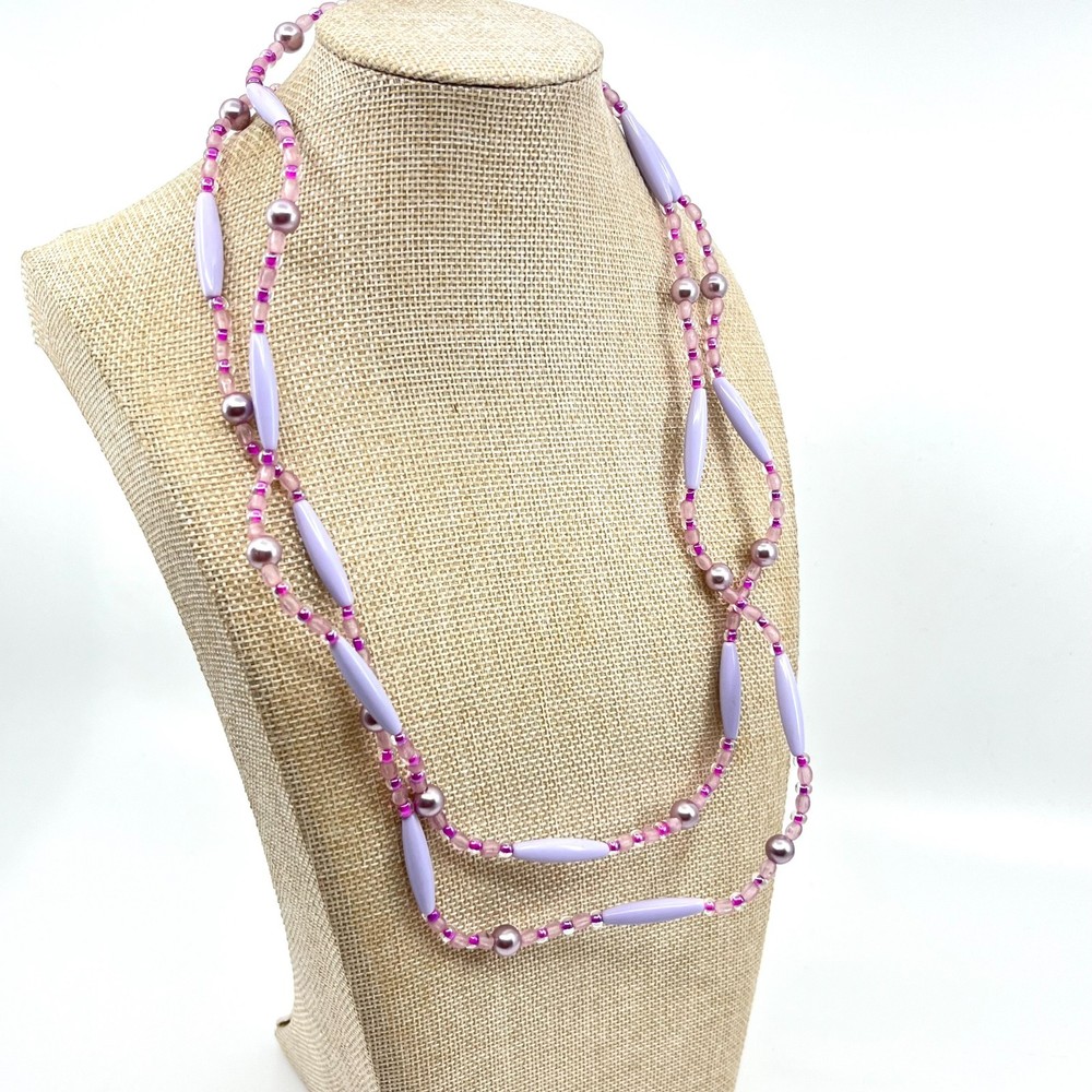 Vintage Lavender Purple Beaded Strand Necklace Long Boho Faux Pearl Mixed Beads