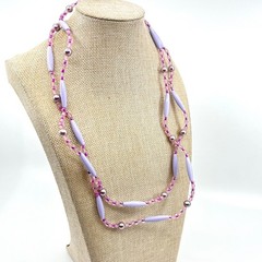 Vintage Lavender Purple Beaded Strand Necklace Long Boho Faux Pearl Mixed Beads