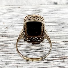 Antique Edwardian Belais 14K White Gold Onyx Diamond Ring 7 Filigree Luxury