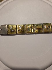 Vintage Persian Painted Mother Of Pearl Storyteller Bracelet Nickel Silver
