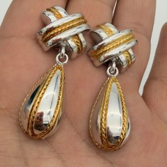 Vtg X Drop Silver Gold Tone Rope Teardrop Dangle Earrings Designer PD Nice