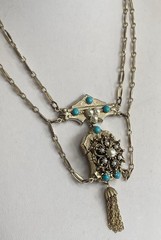 Vintage Victorian Revival Necklace Earrings Faux Pearl turquoise Festoon Tassel
