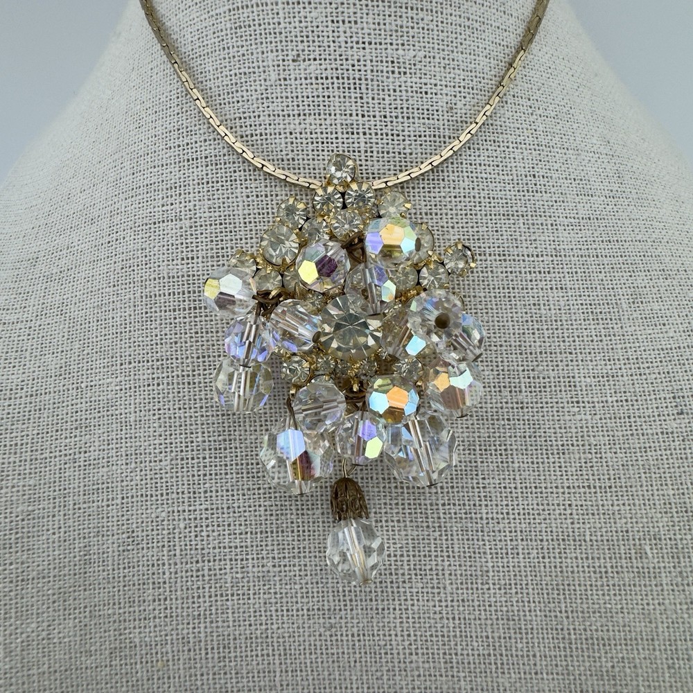 Vintage AB Glass Crystal & Clear Rhinestone Dangle Pendant Brooch &Gold Necklace
