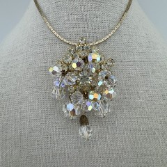 Vintage AB Glass Crystal & Clear Rhinestone Dangle Pendant Brooch &Gold Necklace