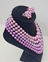 Vintage Lilac Imitation Glass Pearl Necklace & Earring set, 5 Strands